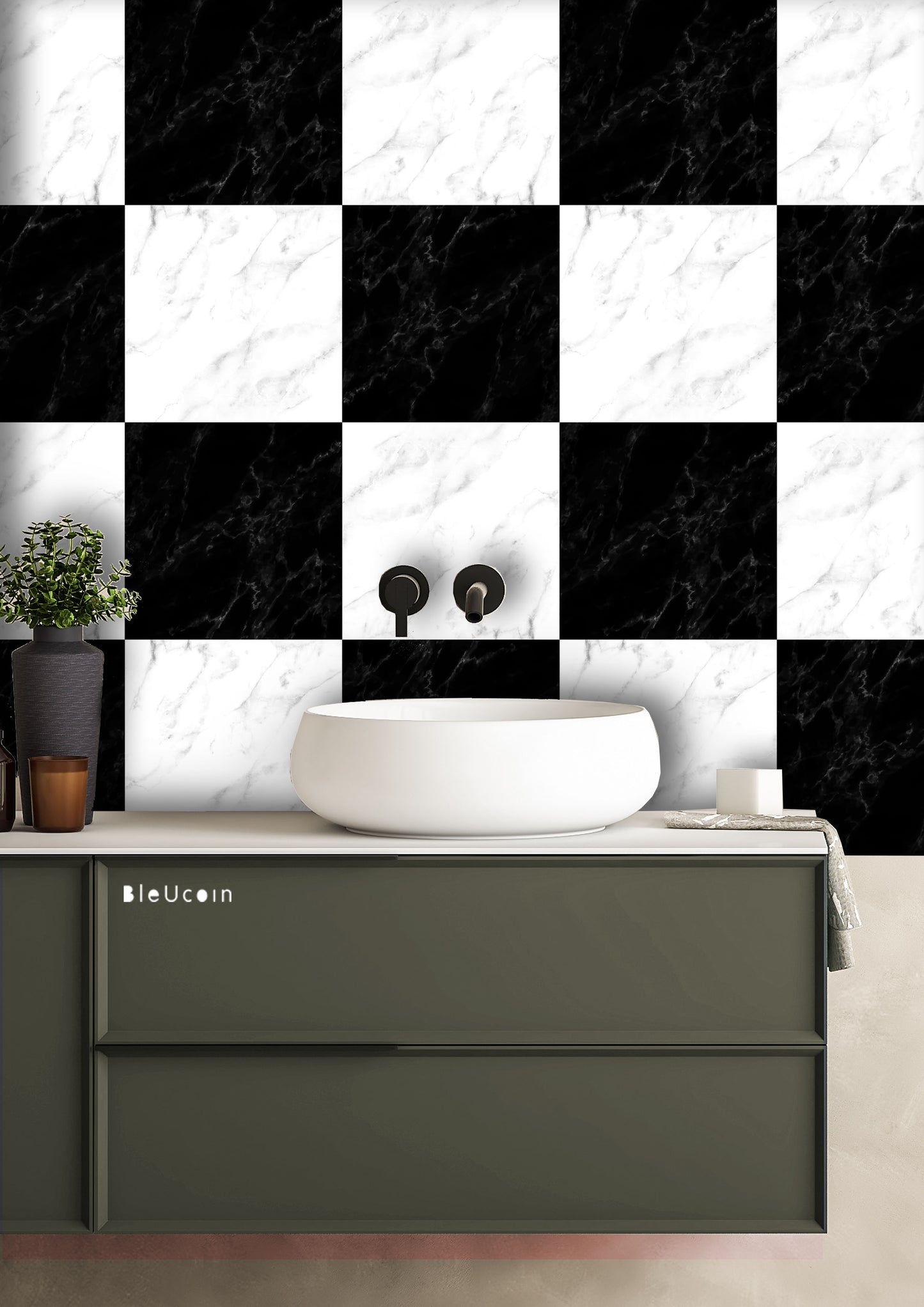 Marble Black & White Checker Peel & Stick Tile Decal