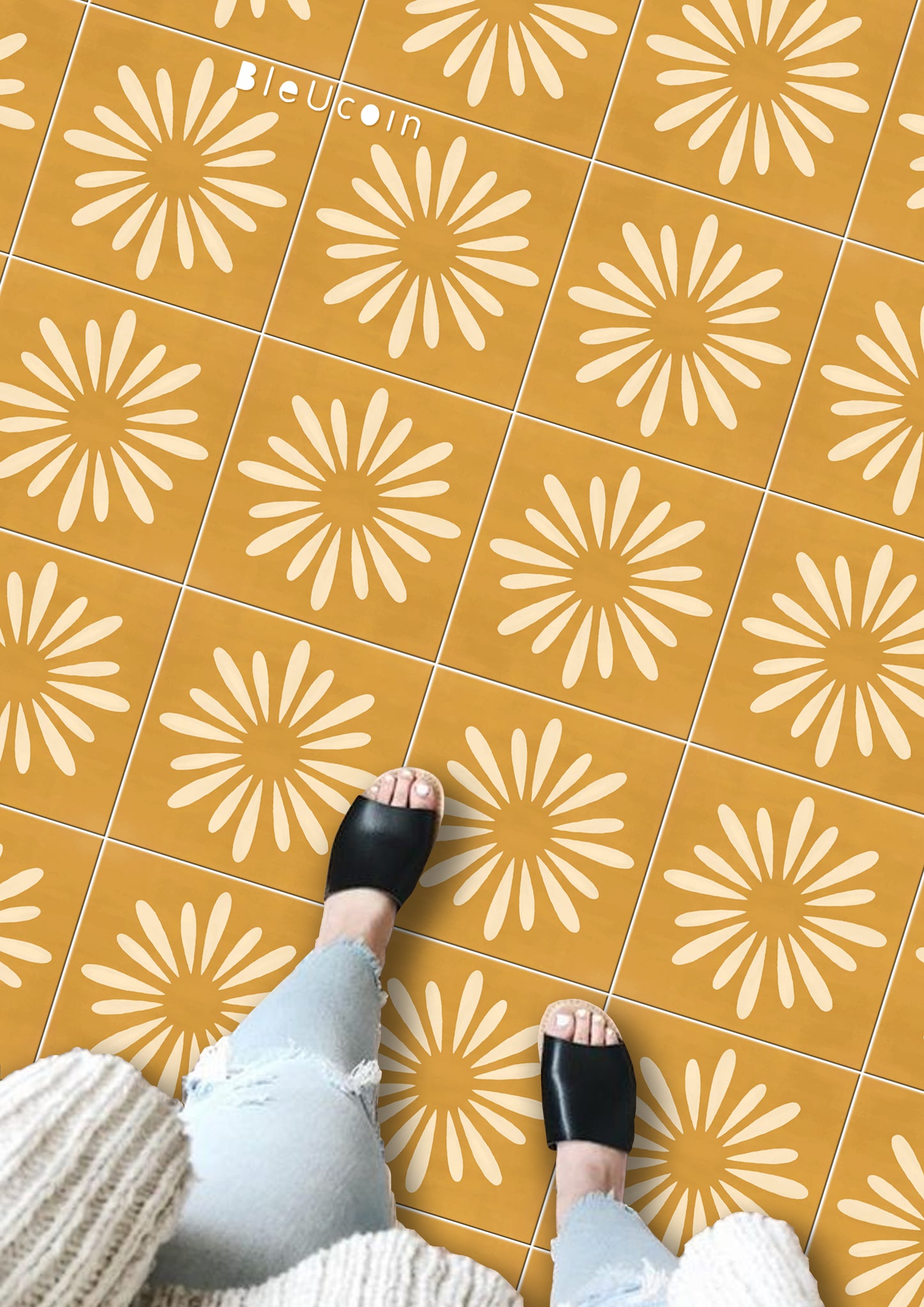 Pithora Ochre Premium Peel and Stick Floor Tile Stickers | Removable, Renter friendly with Anti-Slip finish in sturdy 520 microns