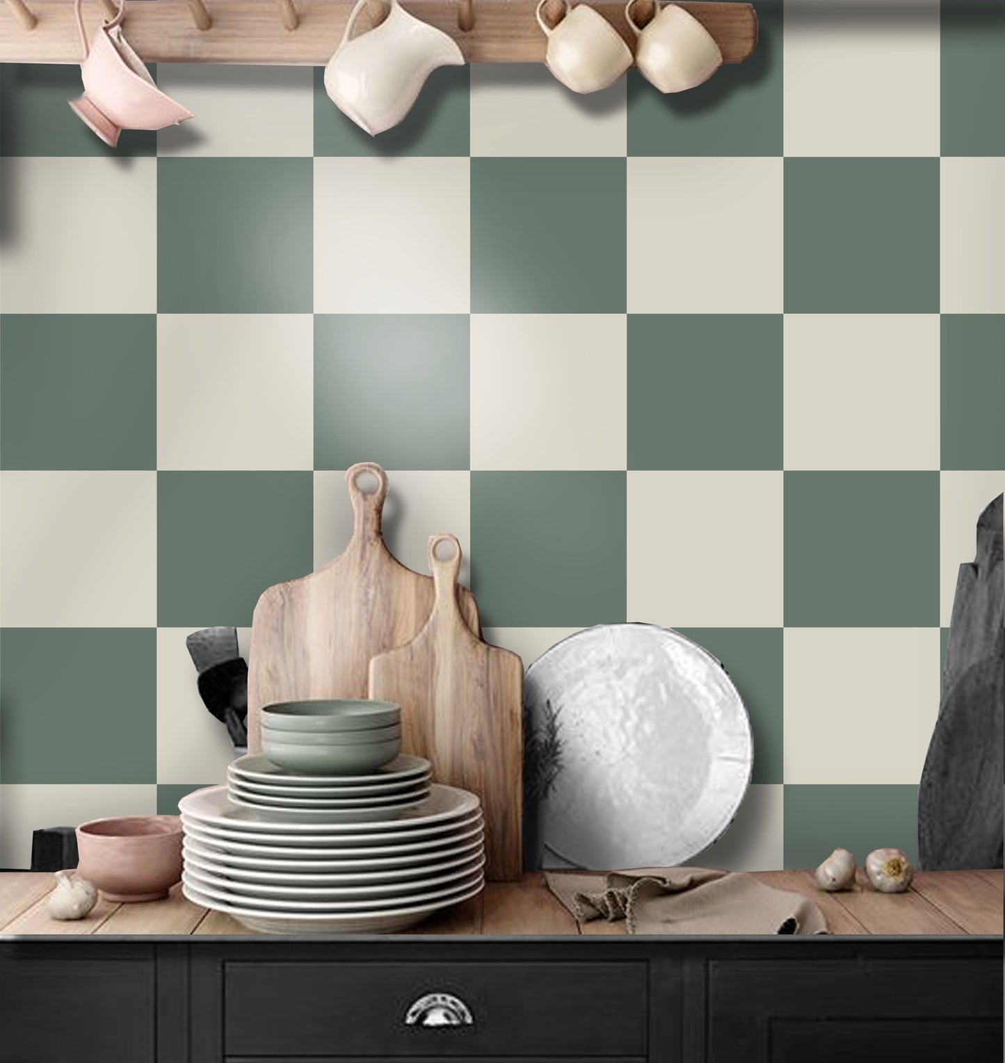 Cottage Green & White Checker Peel & Stick Tile