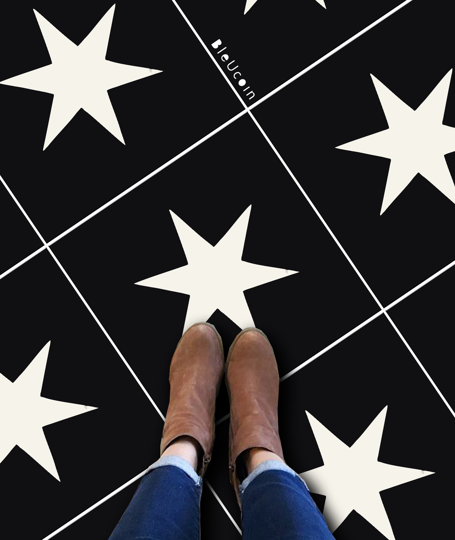 Star Black Premium Peel and Stick Floor Tile Stickers | Removable, Renter friendly with Anti-Slip finish in sturdy 520 microns