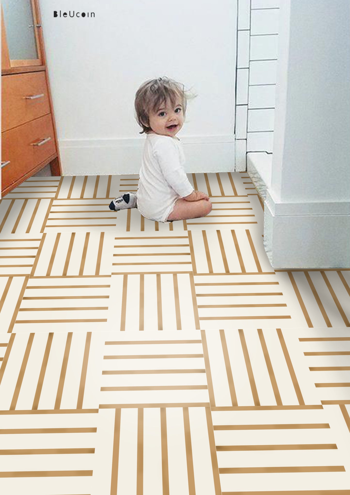 Subway Stripe Tan Premium Peel and Stick Floor Tile Stickers | Removable, Renter friendly with Anti-Slip finish in sturdy 520 microns