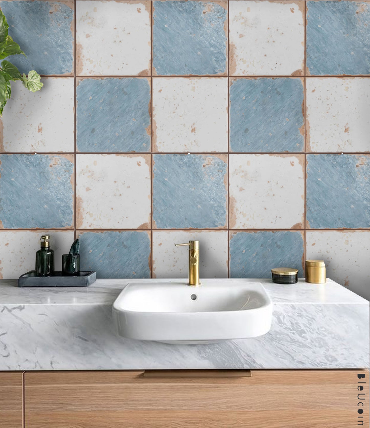 Vintage Weathered Ocean & Off-white Checker Peel & Stick Tile