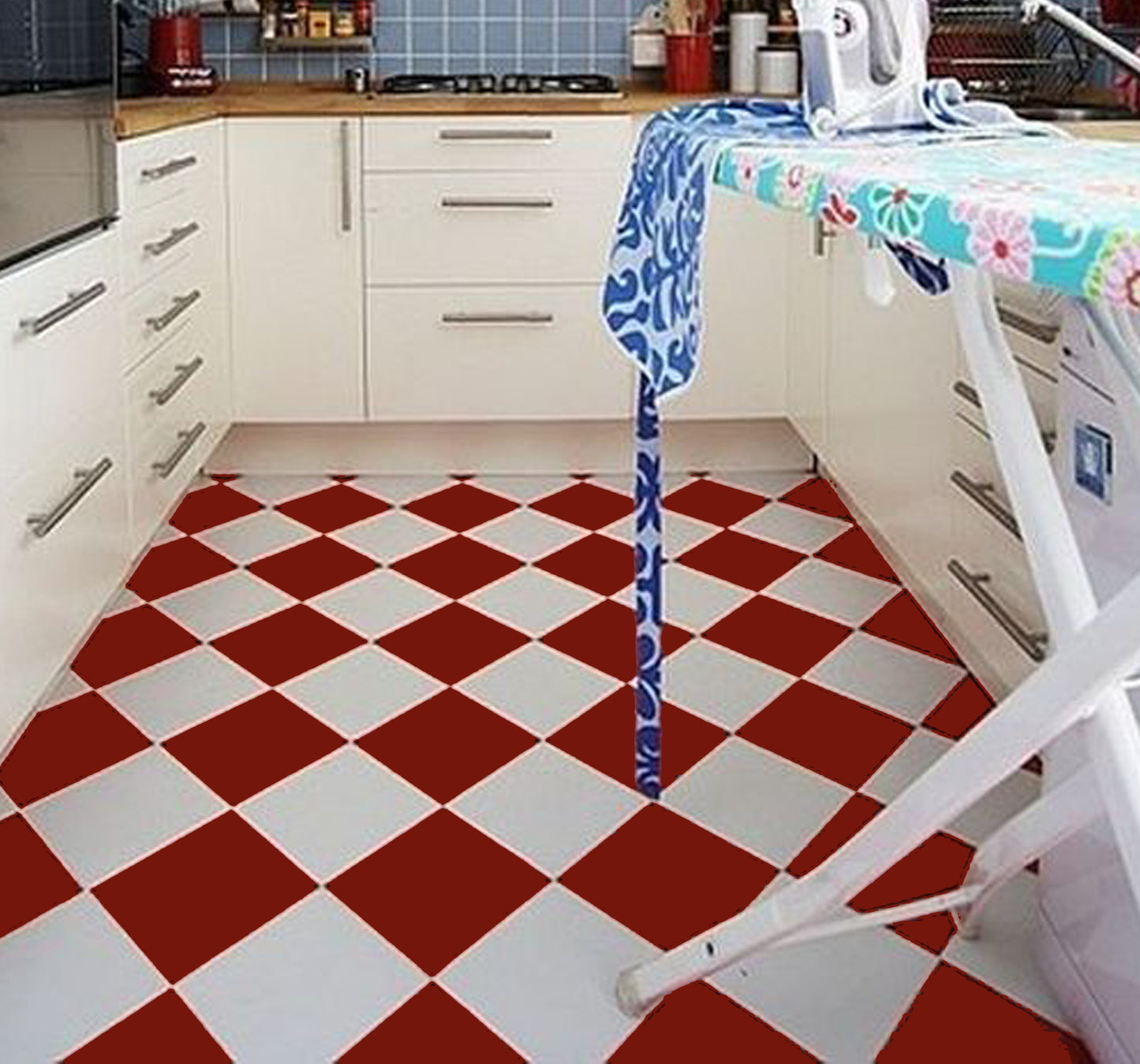 Sangria & off- White Checker Peel & Stick Anti-Slip Flooring