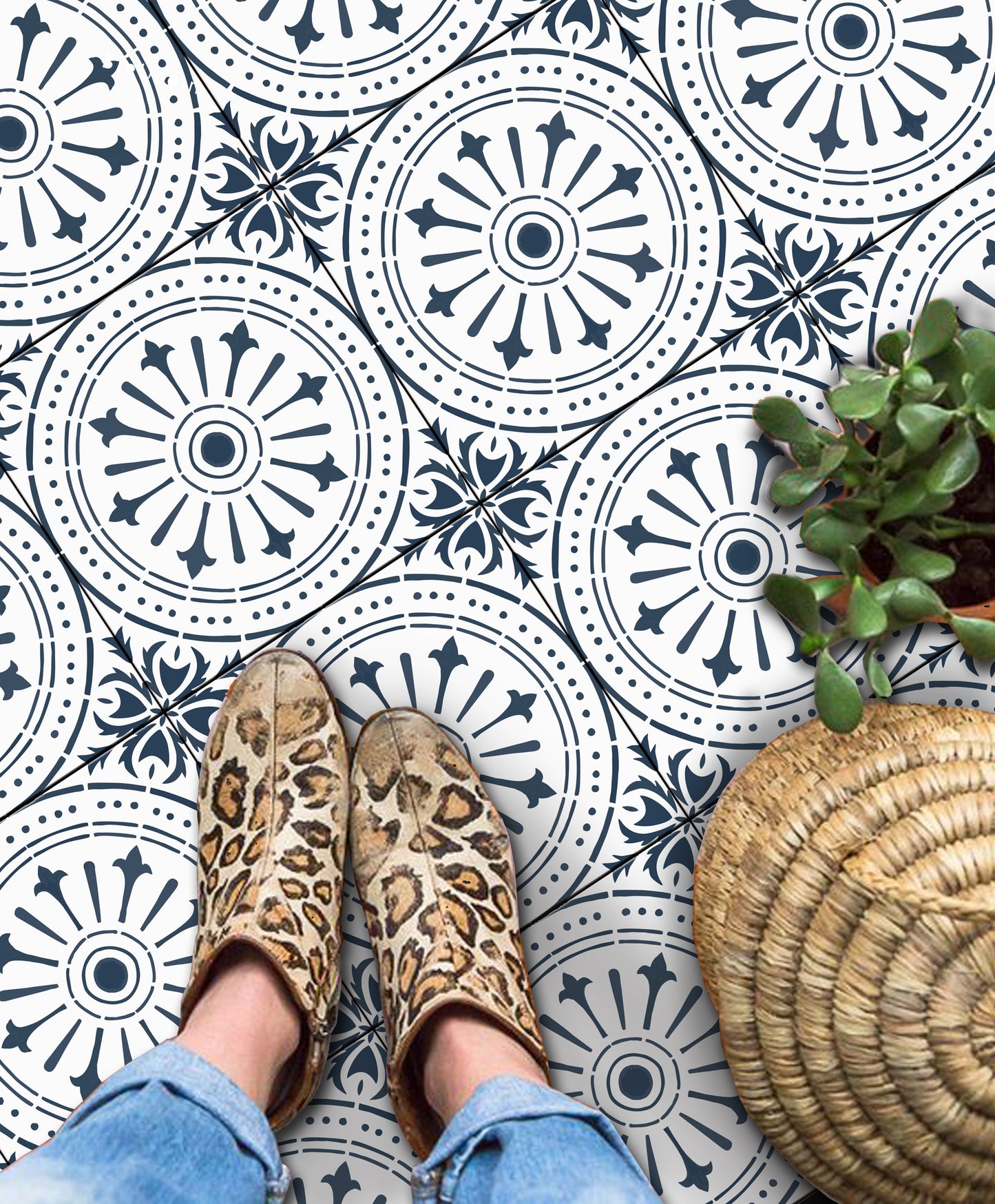 Naples Navy Premium Peel and Stick Floor Tile Stickers | Removable, Renter friendly with Anti-Slip finish in sturdy 520 microns