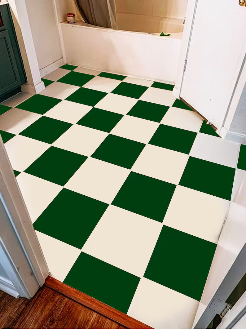 Moss Green & off- White Checker Premium Peel and Stick Floor Tile Stickers | Removable, Renter friendly with Anti-Slip finish in sturdy 520 microns