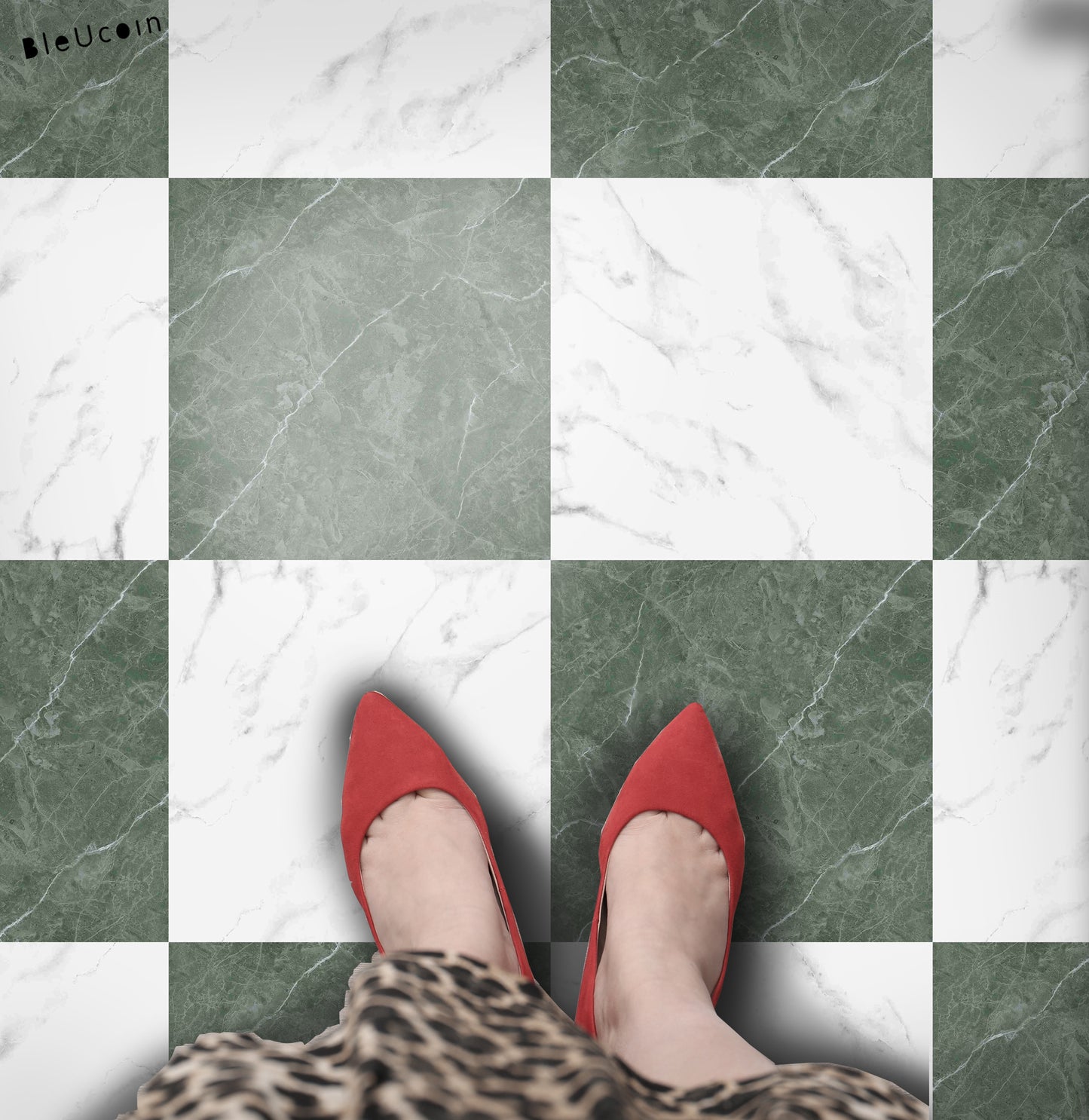 Marble Jade & White Checker Premium Peel and Stick Floor Tile Stickers | Removable, Renter friendly with Anti-Slip finish in sturdy 520 microns