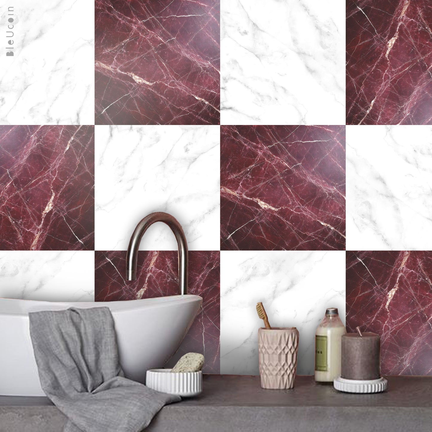 Wine Marble Checker Peel & Stick Tile Decal