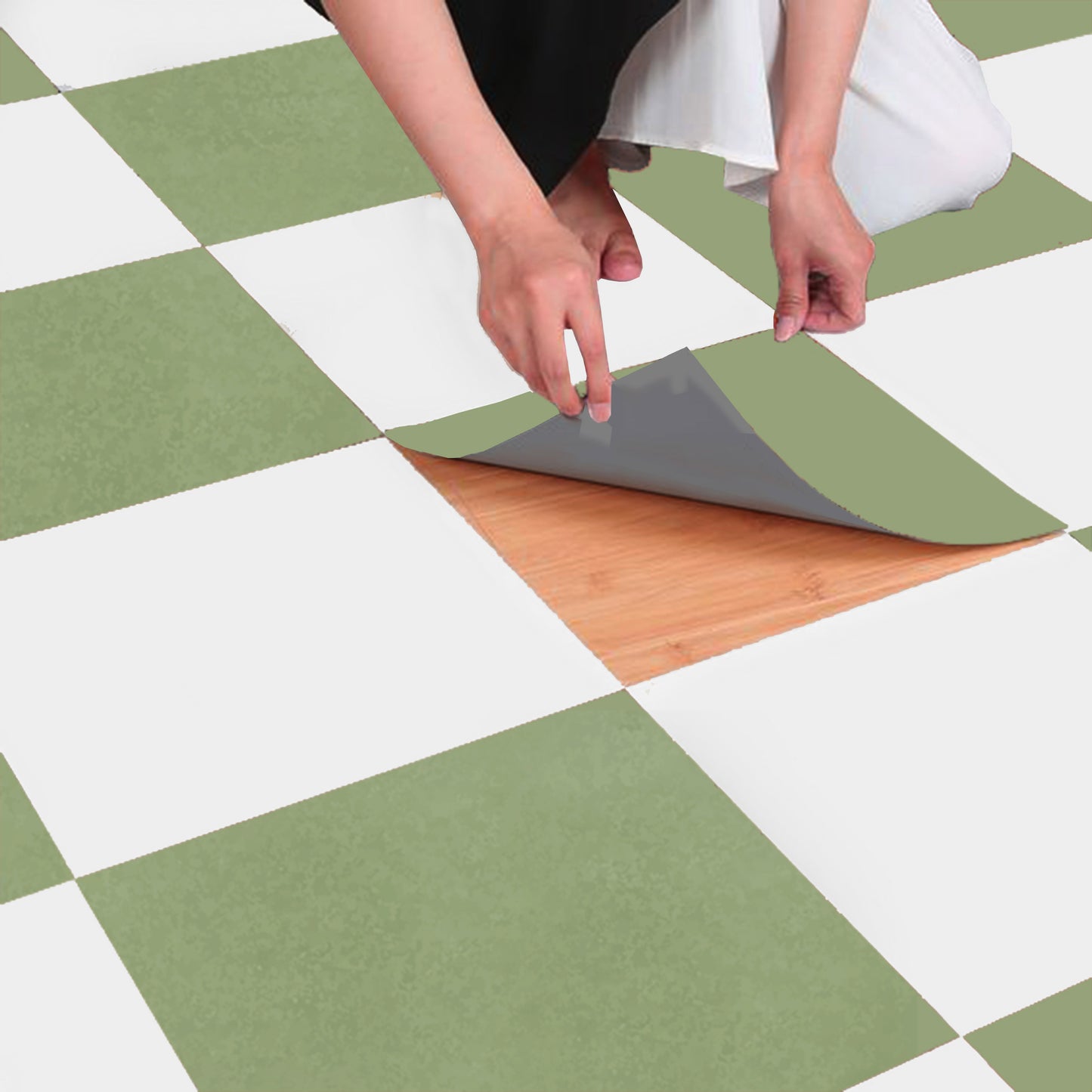 Sage & off- White Checker Peel & Stick Anti-Slip Flooring