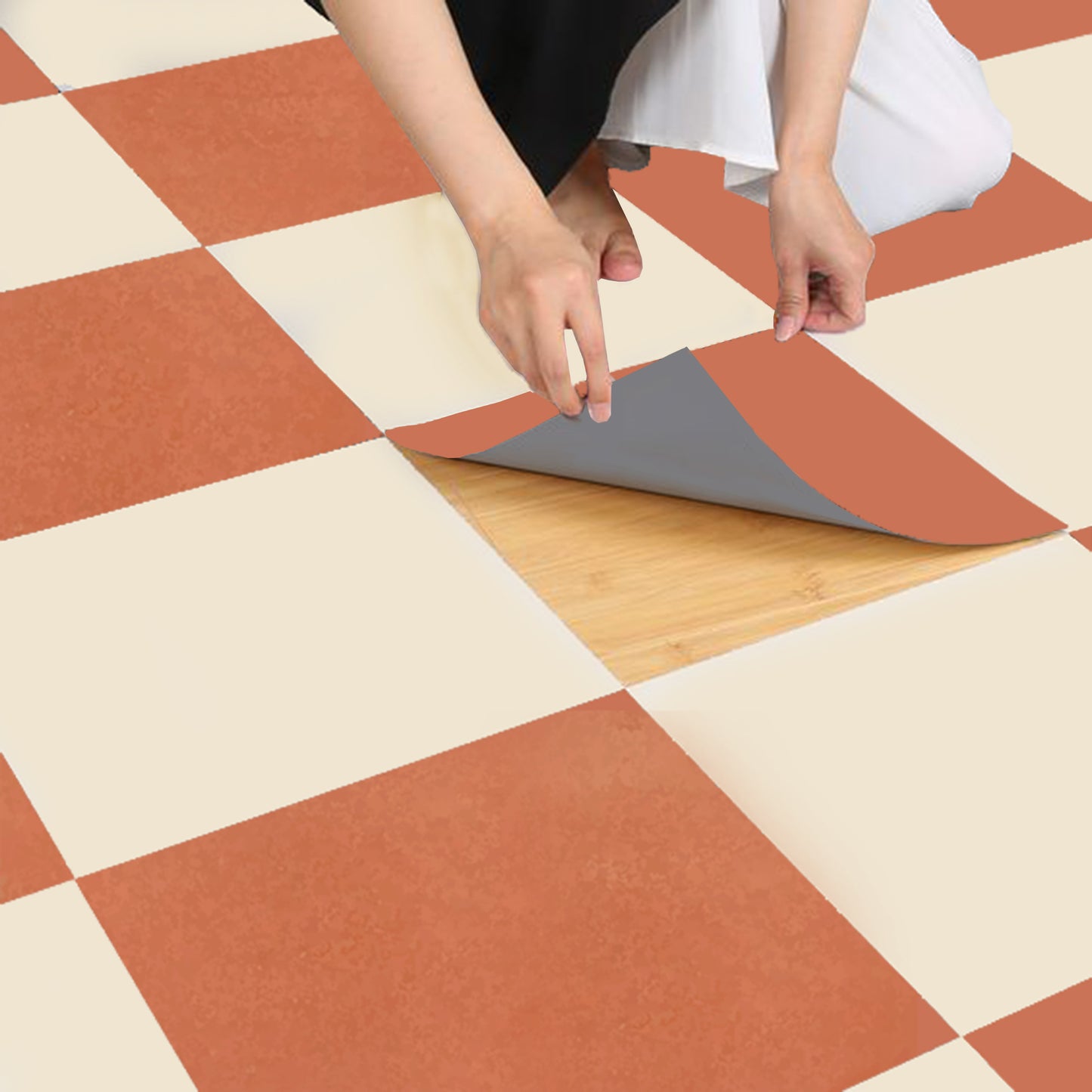 Ginger & Off White Checker Peel & Stick Anti-Slip Flooring