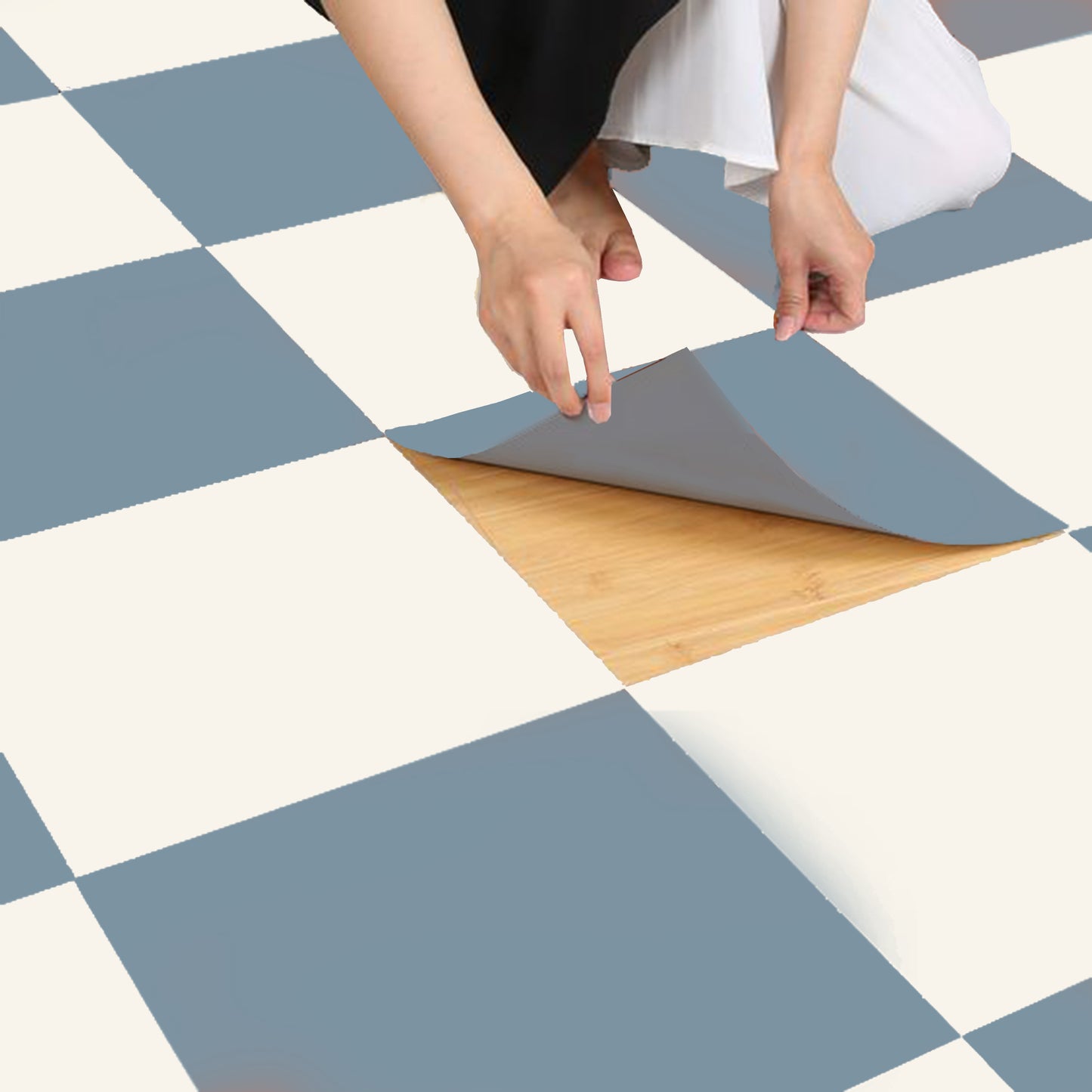 Ocean & Off White Checker Premium Peel and Stick Floor Tile Stickers | Removable, Renter friendly with Anti-Slip finish in sturdy 520 microns