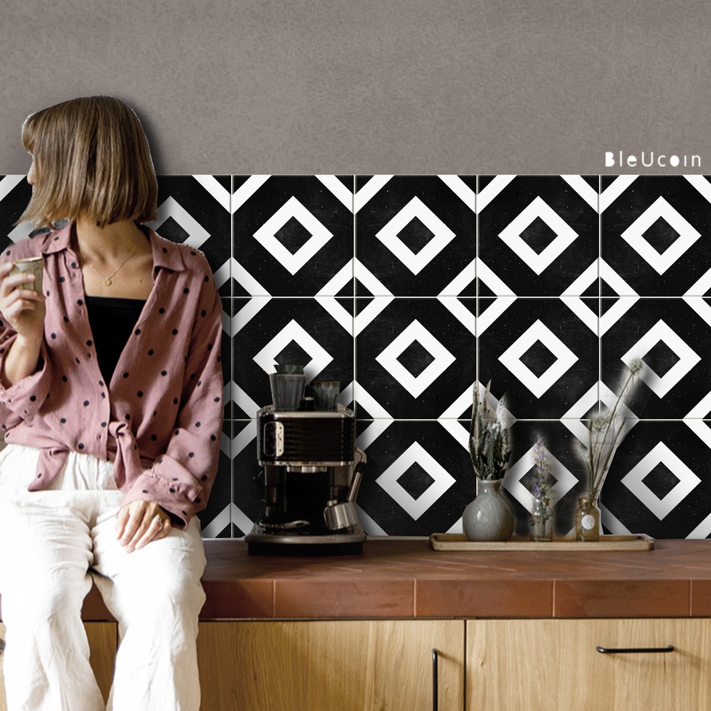 Chittor Black Premium Peel and Stick Floor Tile Stickers | Removable, Renter friendly with Anti-Slip finish in sturdy 520 microns