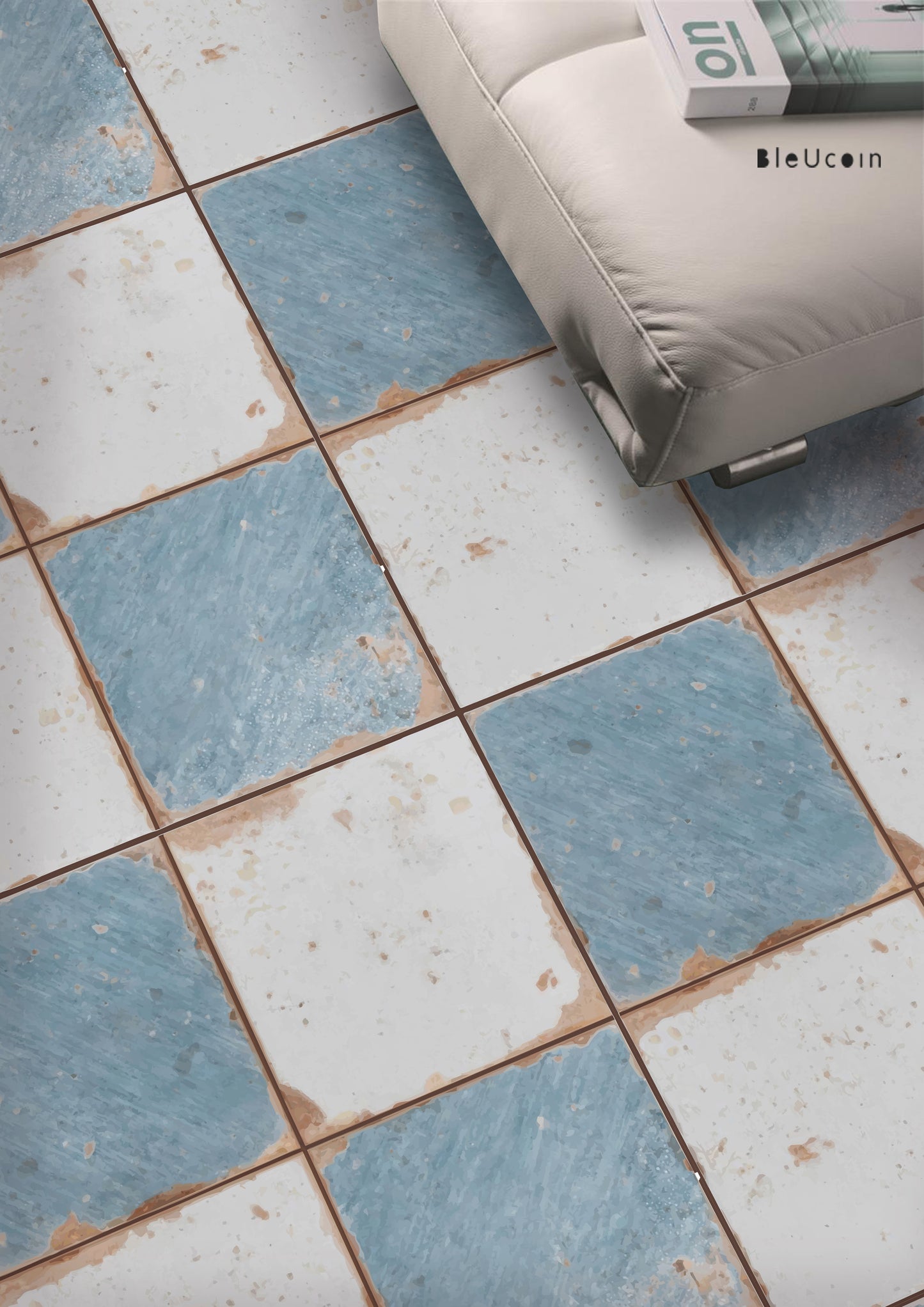 Vintage Weathered Ocean & Off White Checker Premium Peel and Stick Floor Tile Stickers | Removable, Renter friendly with Anti-Slip finish in sturdy 520 microns