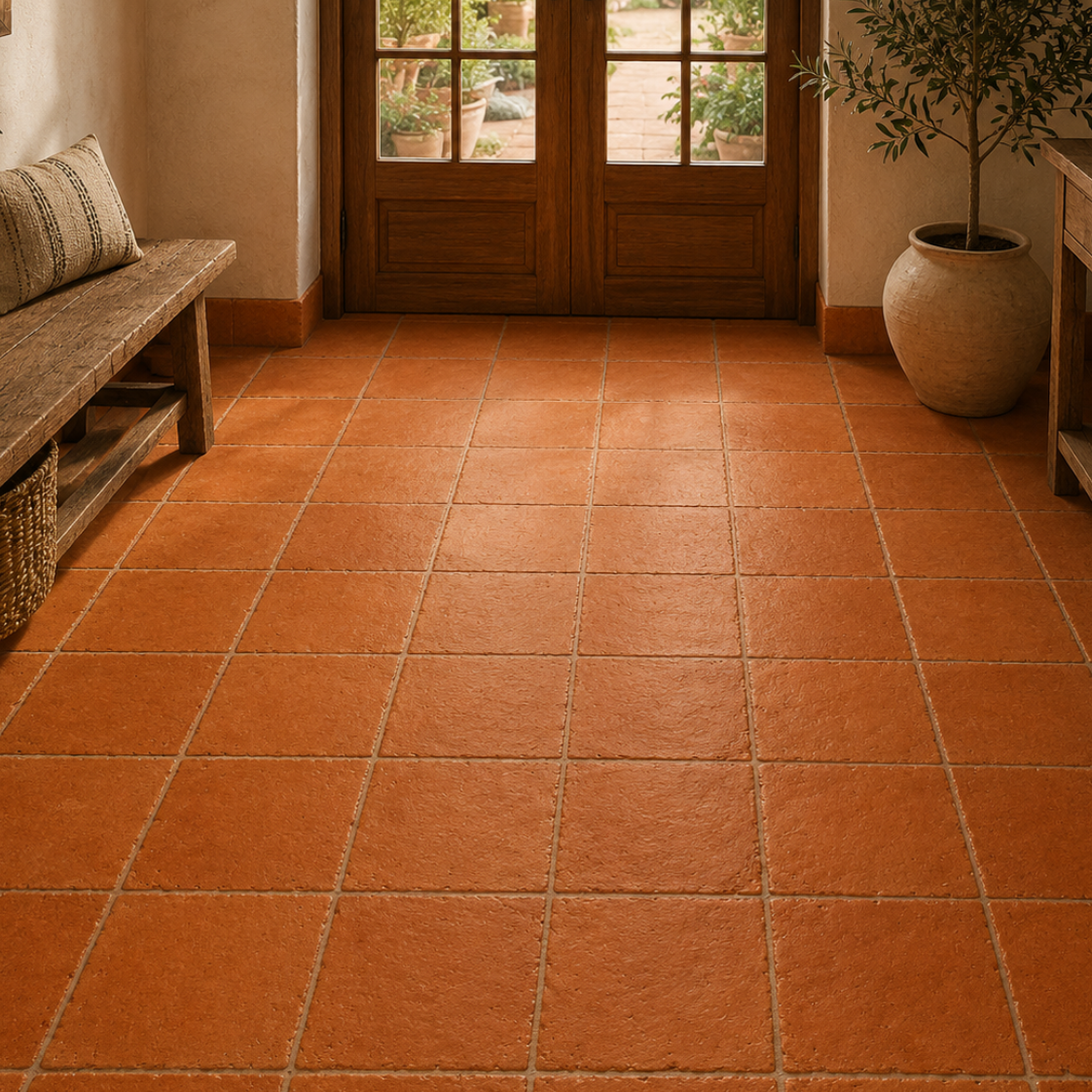 Terracotta orange square floor tiles installed in a rustic, warm-toned entryway with wooden doors, benches, and potted plants.