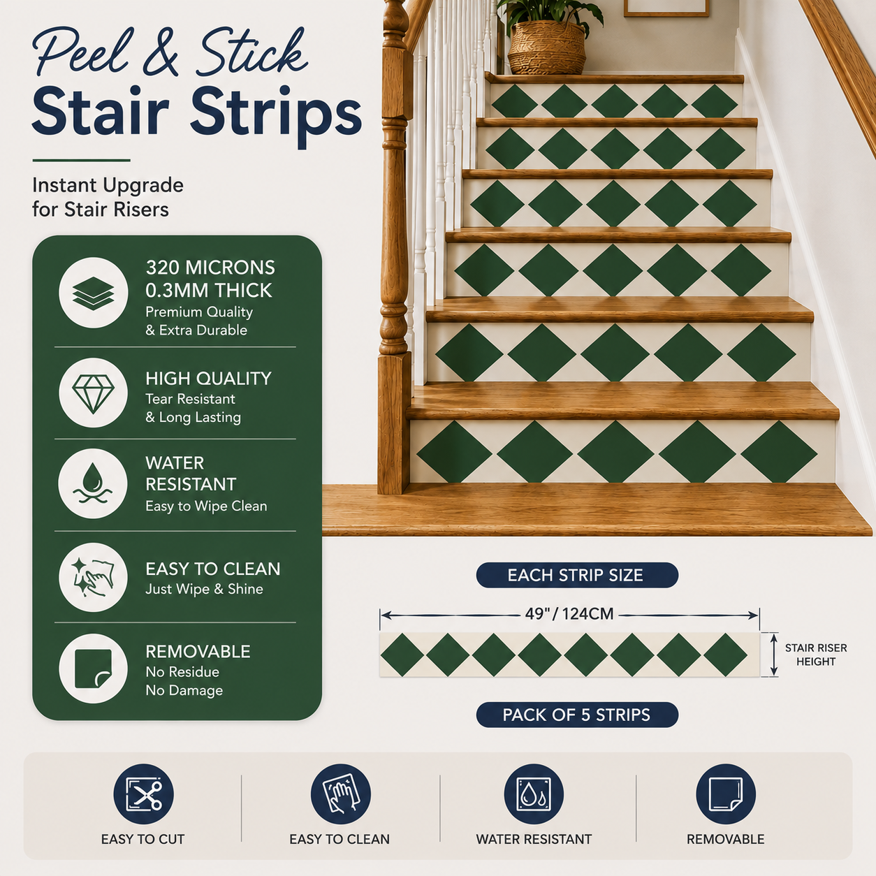 Diamond Moss Green Checker Peel & Stick Stair Strips