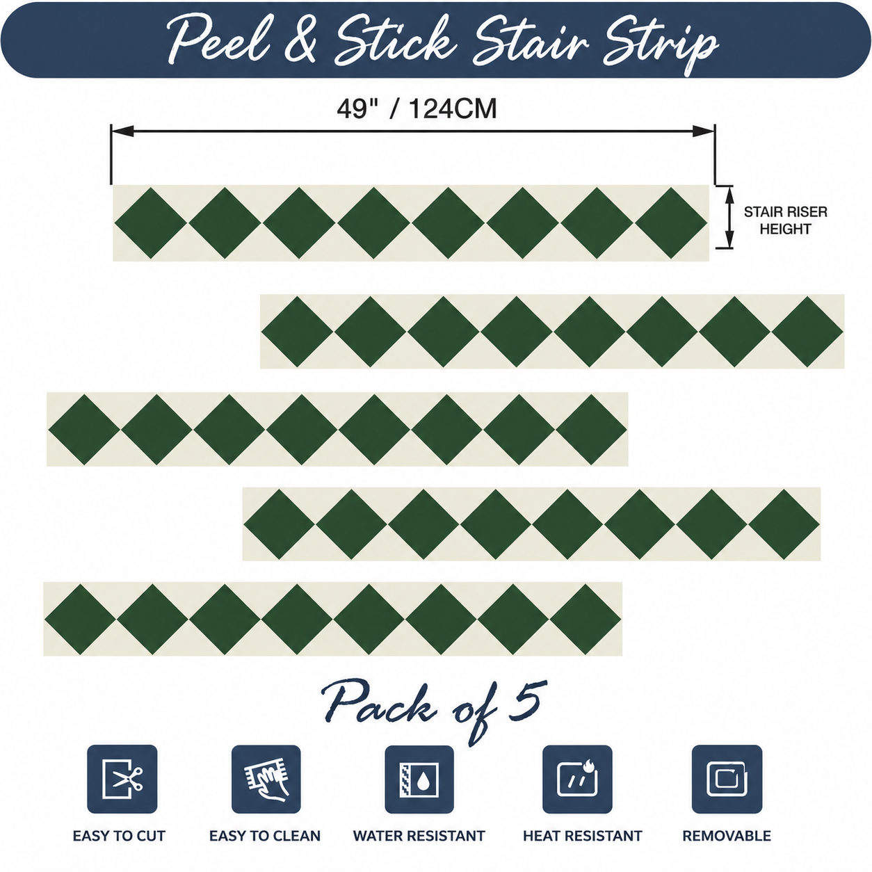 Diamond Moss Green Checker Peel & Stick Stair Strips
