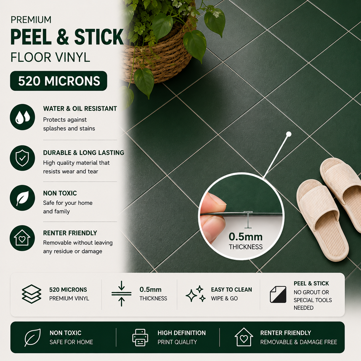Moss Green Plain Peel & Stick Tile