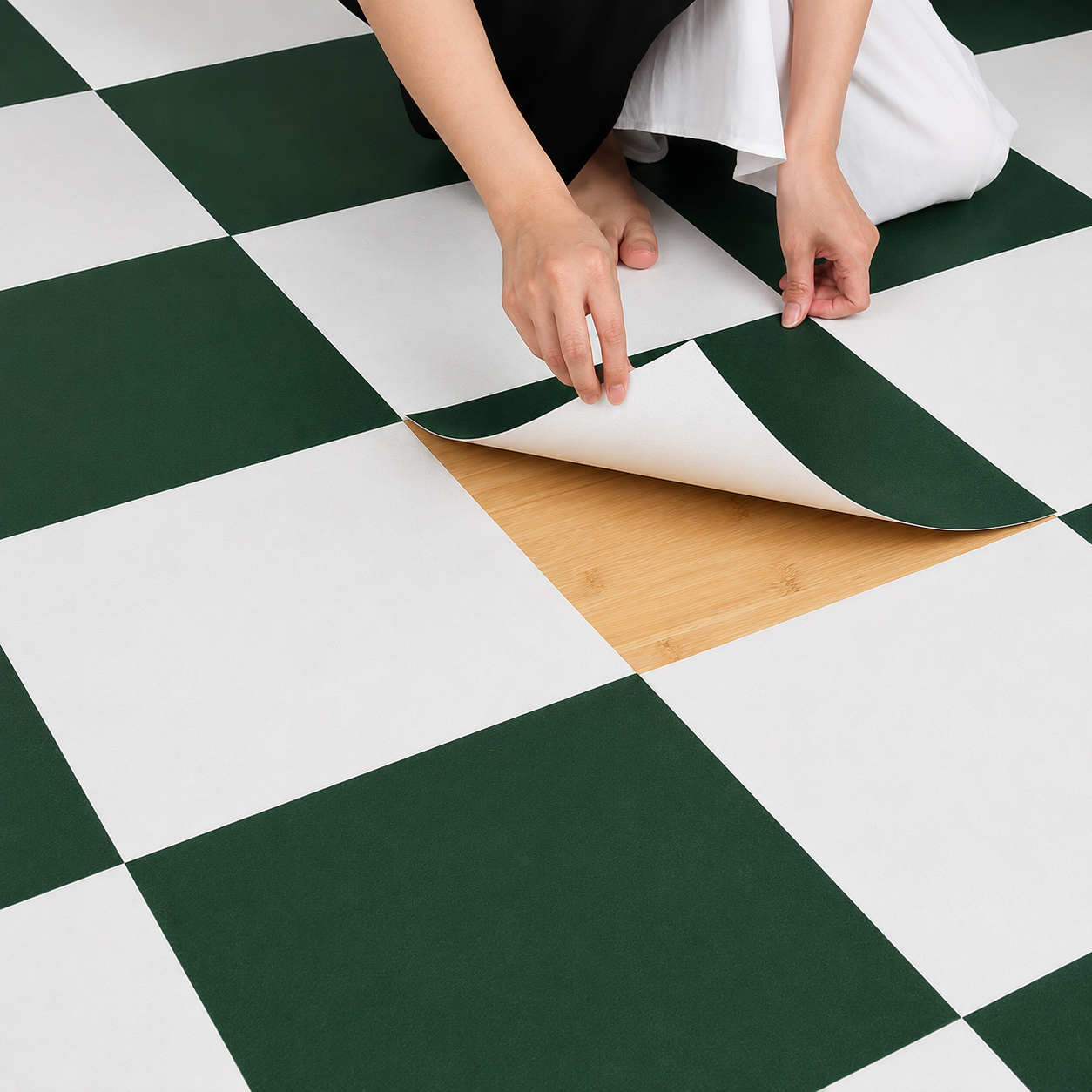 Moss Green & off-White Checker Peel & Stick Tile
