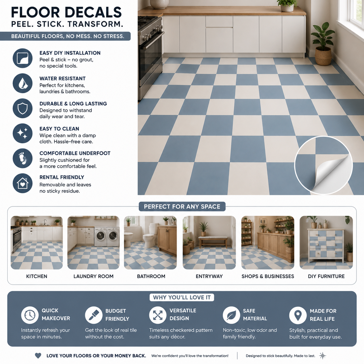 Ocean & Off White Checker Peel and Stick Floor Decal