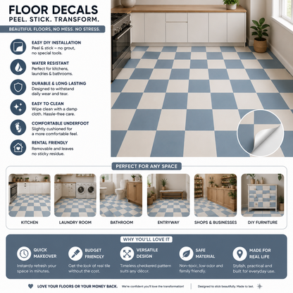 Ocean & Off White Checker Peel and Stick Floor Decal