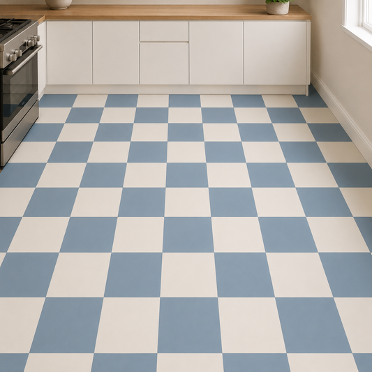 Ocean & Off White Checker Peel and Stick Floor Decal