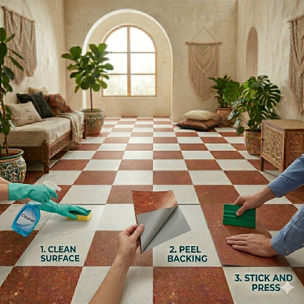 Tuscany Marble Checker Peel and Stick Flooring