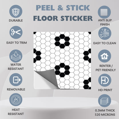 Helden Hexagon Premium Peel and Stick Floor Tile Stickers | Removable, Renter friendly with Anti-Slip finish in sturdy 520 microns