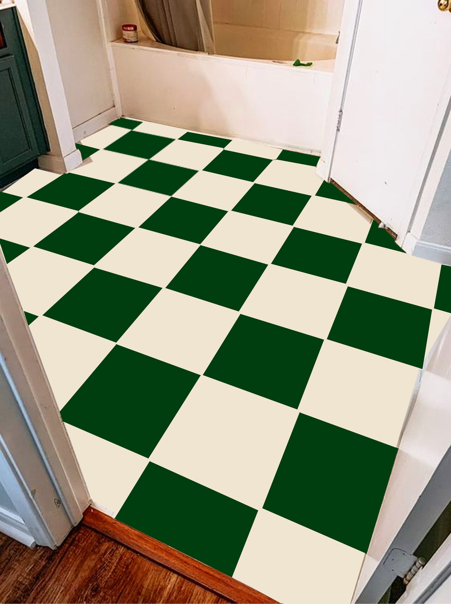 Moss Green & off- White Checker Peel & Stick Anti-Slip Flooring