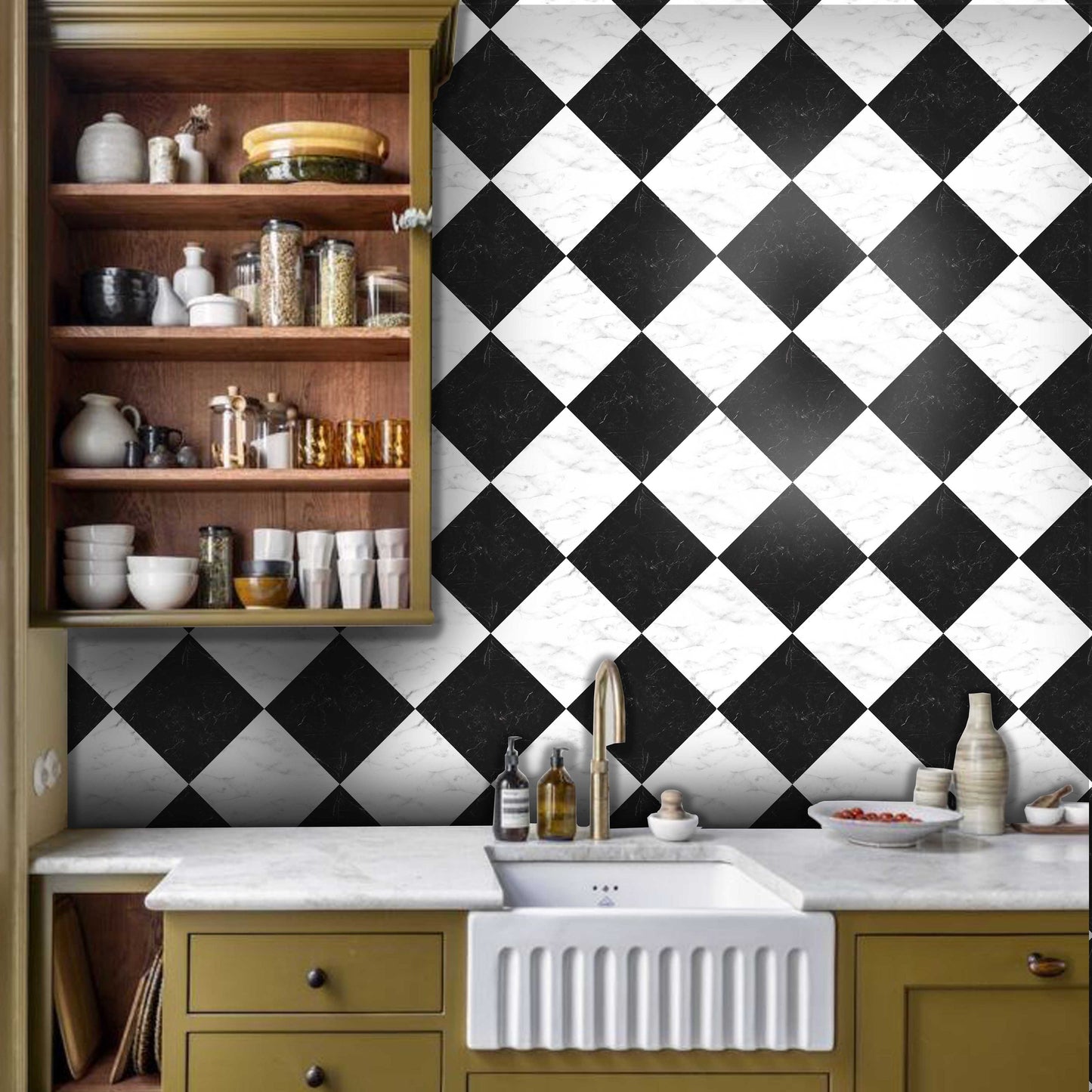 Marble Black & White Checker Peel & Stick Tile Decal