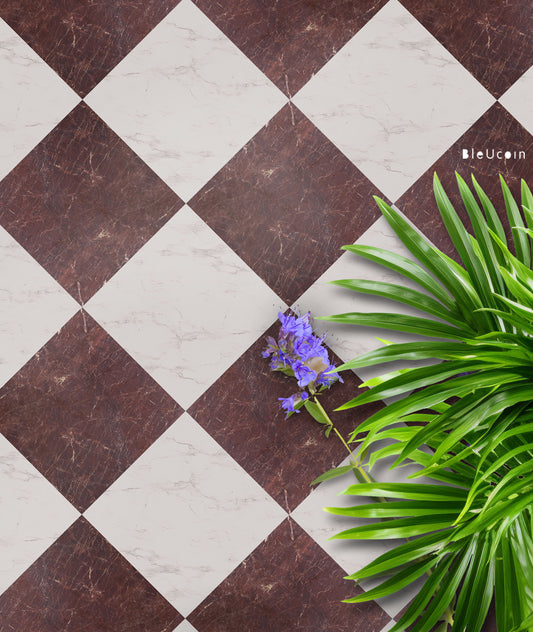 Mocha Wine Marble Checker Premium Peel and Stick Floor Tile Stickers | Removable, Renter friendly with Anti-Slip finish in sturdy 520 microns