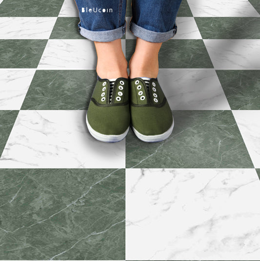 Marble Jade & White Checker Premium Peel and Stick Floor Tile Stickers | Removable, Renter friendly with Anti-Slip finish in sturdy 520 microns