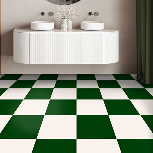 Moss Green & off- White Checker Premium Peel and Stick Floor Tile Stickers | Removable, Renter friendly with Anti-Slip finish in sturdy 520 microns