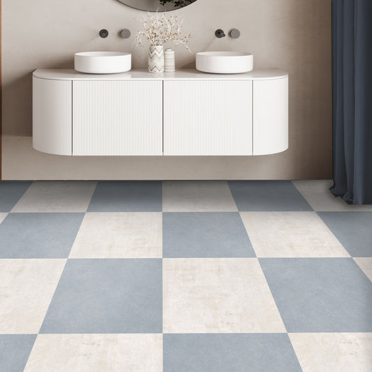 Sky Moss & Off White  Limestone Checker Premium Peel and Stick Floor Tile Stickers | Removable, Renter friendly with Anti-Slip finish in sturdy 520 microns