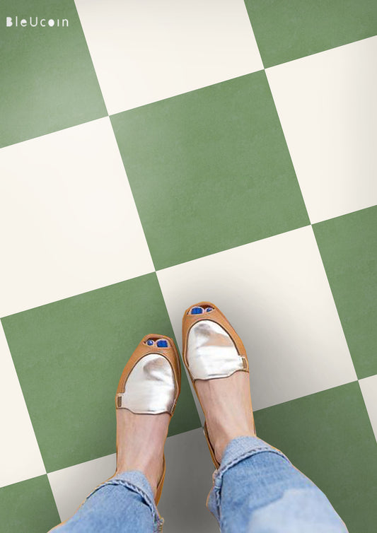 Sage & off White Checker Premium Peel and Stick Floor Tile Stickers | Removable, Renter friendly with Anti-Slip finish in sturdy 520 microns