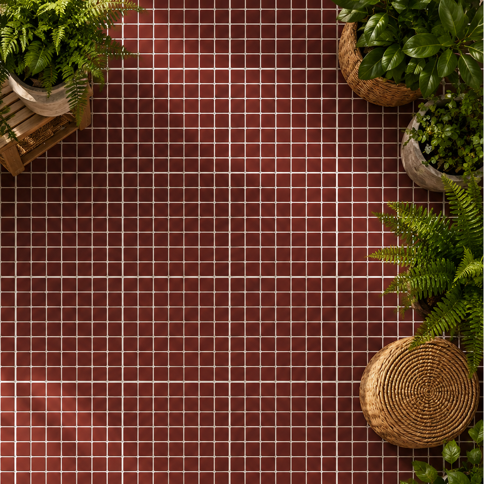 A top-down view of a terracotta red mosaic tile floor with a white grid pattern, surrounded by potted green plants in baskets and pots.