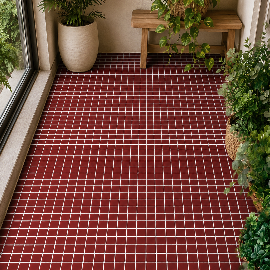 Red and white checkered tile flooring installed in a sunlit indoor balcony or patio area surrounded by potted green plants and a wooden bench.