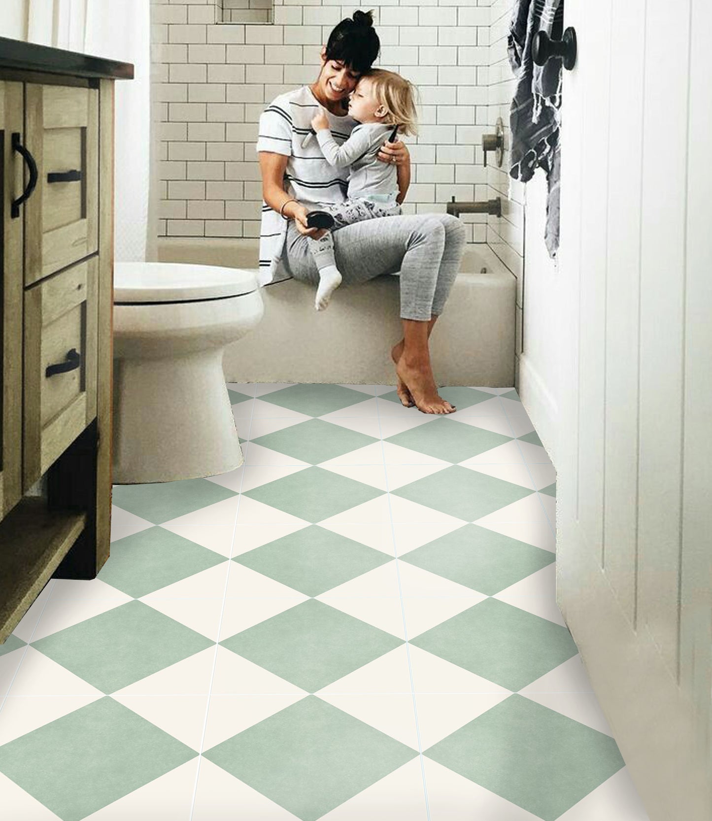 Diamond Mint Sage Premium Peel and Stick Floor Tile Stickers | Removable, Renter friendly with Anti-Slip finish in sturdy 520 microns