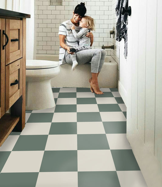 Cottage Green & White Checker Premium Peel and Stick Floor Tile Stickers | Removable, Renter friendly with Anti-Slip finish in sturdy 520 microns