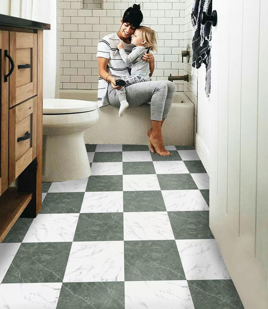 Marble Jade & White Checker Premium Peel and Stick Floor Tile Stickers | Removable, Renter friendly with Anti-Slip finish in sturdy 520 microns