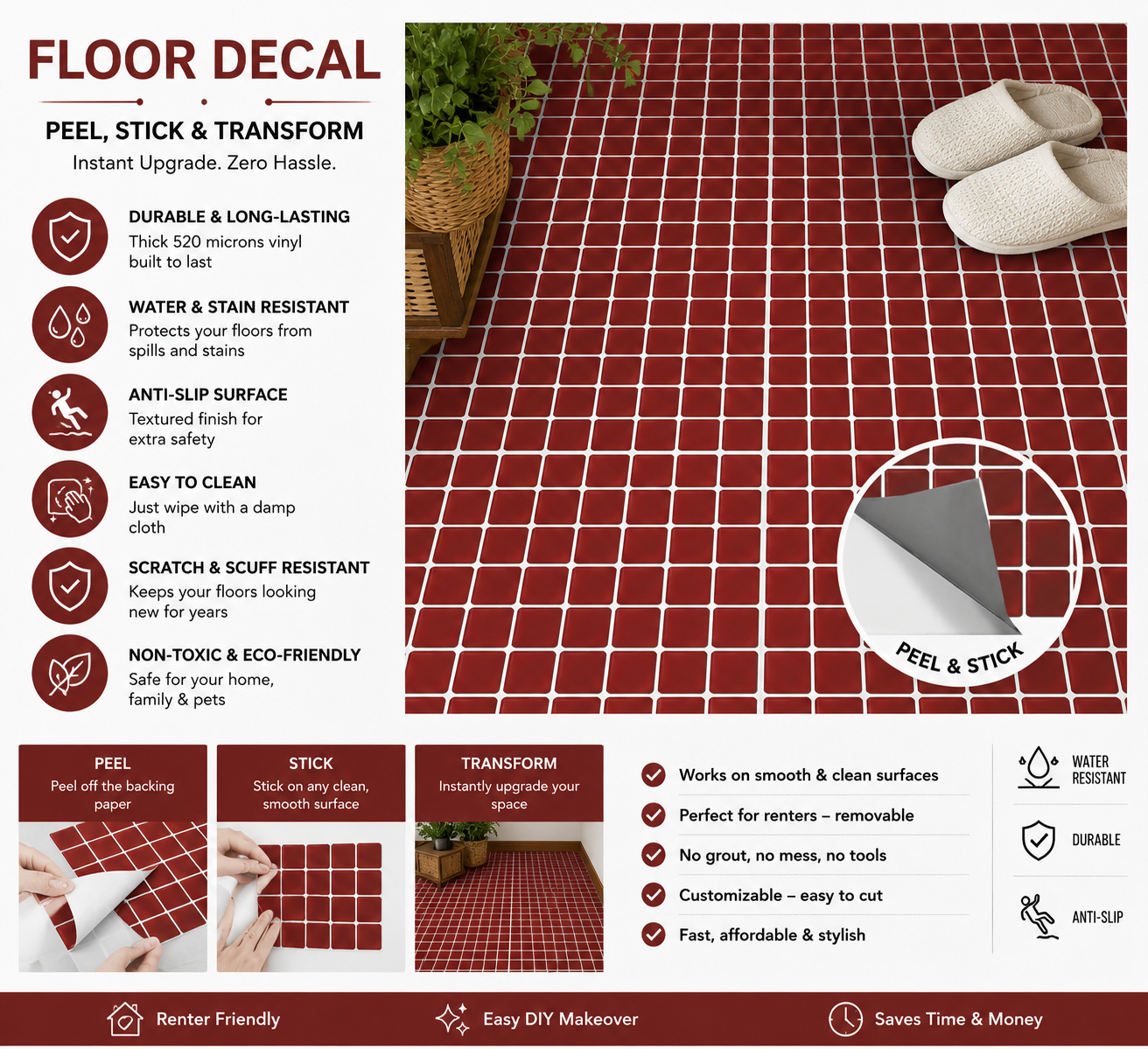 Oxblood Mosaic Peel and Stick Flooring