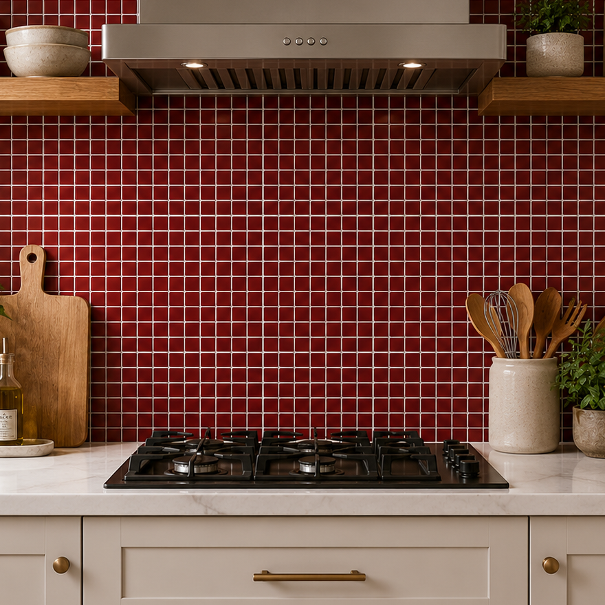 A modern kitchen scene with a red mosaic tile backsplash, white marble countertop, cream cabinets, a stainless steel range hood, and wooden floating shelves holding plants and decorative items.