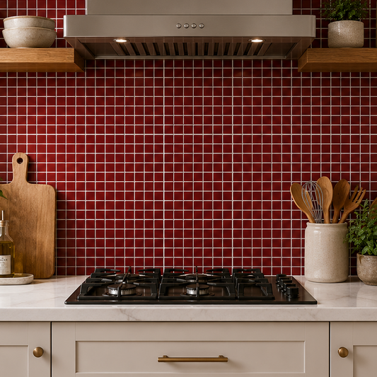 A modern kitchen scene with a red mosaic tile backsplash, white marble countertop, cream cabinets, a stainless steel range hood, and wooden floating shelves holding plants and decorative items.