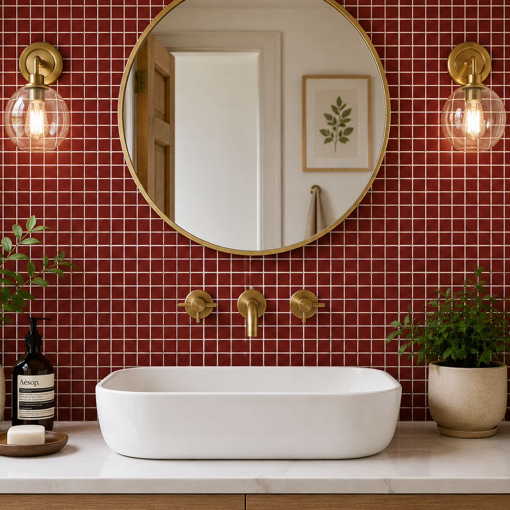 A modern bathroom vanity setup featuring a white rectangular vessel sink set into a red tiled wall, with a large round gold-framed mirror, two gold wall sconces, and gold faucet hardware. The countertop is white marble, and the wooden drawers below have gold handles.