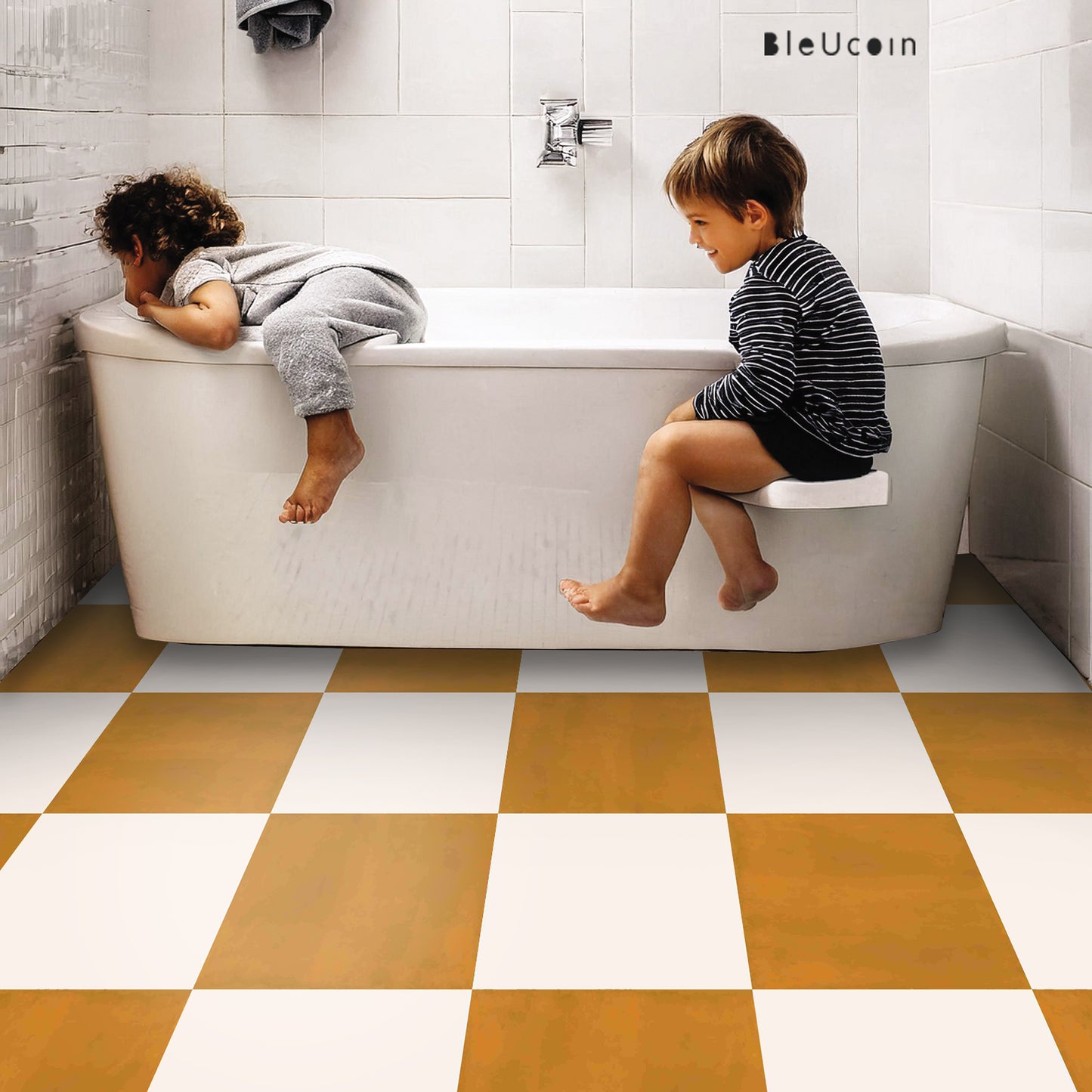 Sunrise & Off White Checker Premium Peel and Stick Floor Tile Stickers | Removable, Renter friendly with Anti-Slip finish in sturdy 520 microns