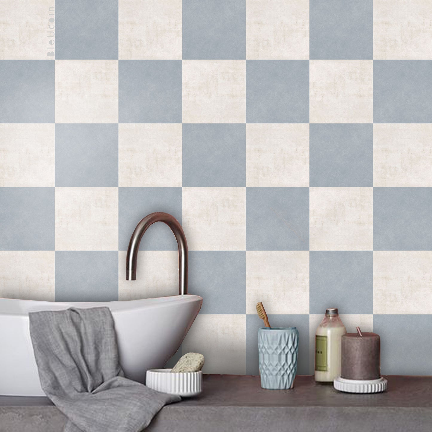Sky Mose & Off White Limestone Checker Peel & Stick Tile