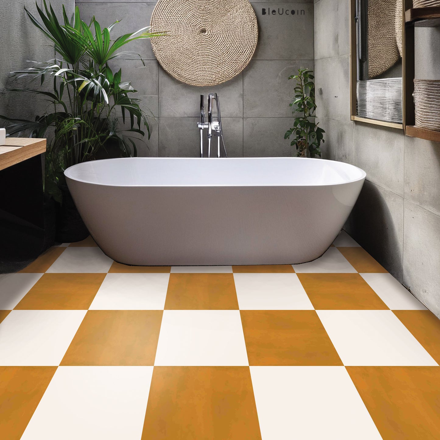 Sunrise & Off White Checker Premium Peel and Stick Floor Tile Stickers | Removable, Renter friendly with Anti-Slip finish in sturdy 520 microns