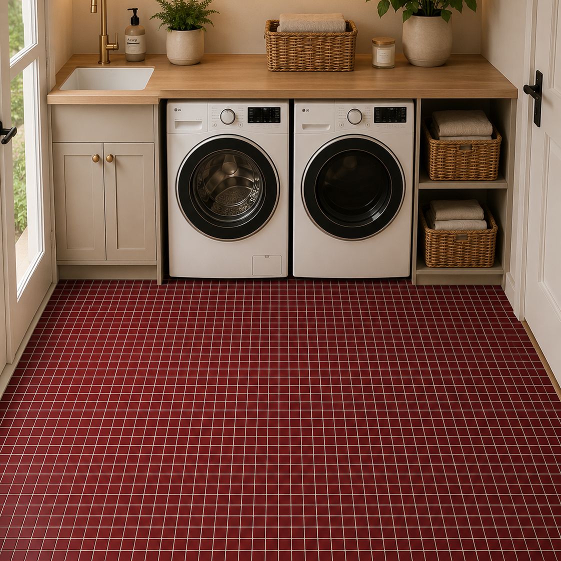 A bright, organized laundry room with two white front-loading washing machines under a light wood countertop. The room has a red-and-white checkered tile floor, white cabinets, potted green plants, wicker baskets, and a small shelf with warm lighting.